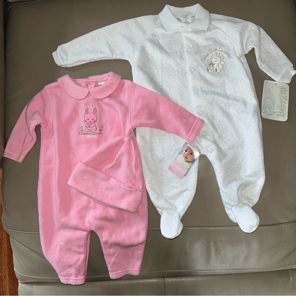 2 New Baby OSHKOSH PINK BUNNY sz M & BABYGRO WHITE FIRST CHRISTMAS sz L ONESIES